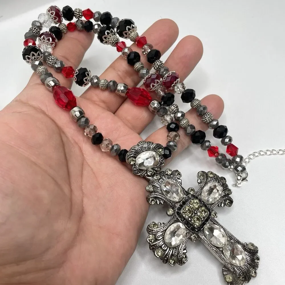 Artisan Gothic Cross Pendant Red Black White Glass Beaded Necklace Statement